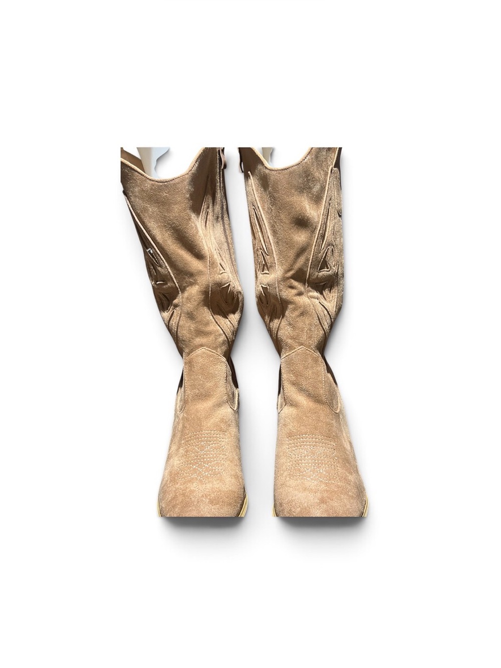 Wide Square Toe Suede Western Boots in Tan